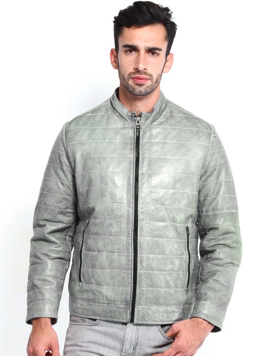 Men Grey Leather Jacket S