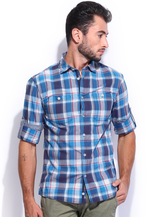 Men Blue & Grey Checked Slim Fit Casual Shirt 40