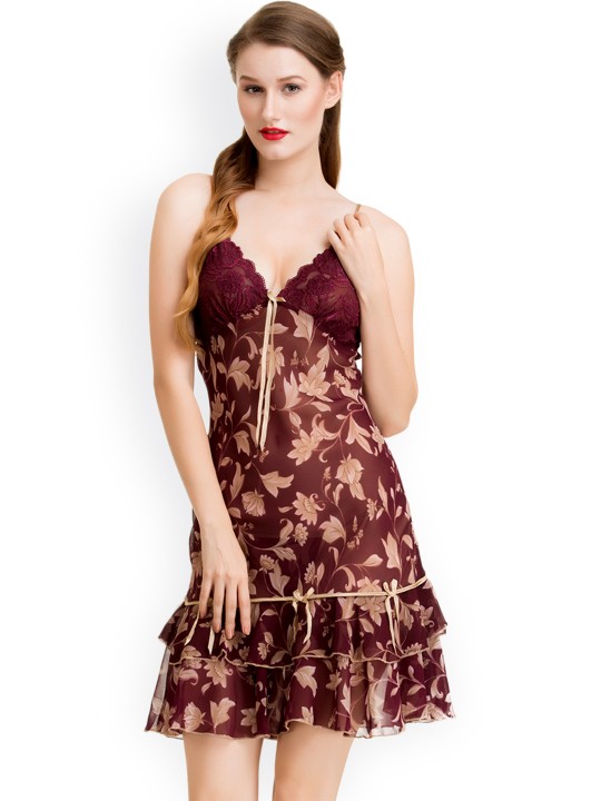 Burgundy & Beige Baby-Doll Nightdress DL1264 S