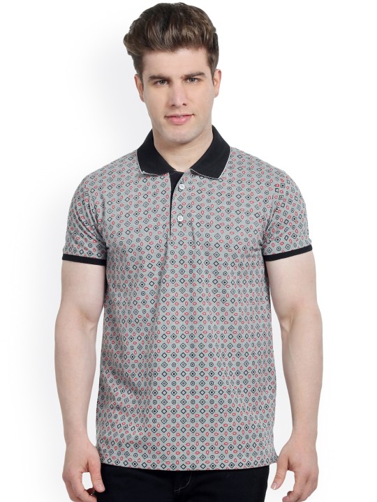 Men Grey Melange Printed Polo T-shirt M