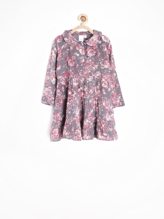 Girls Grey & Pink Floral Printed Fit & Flare Dress 2-3Y