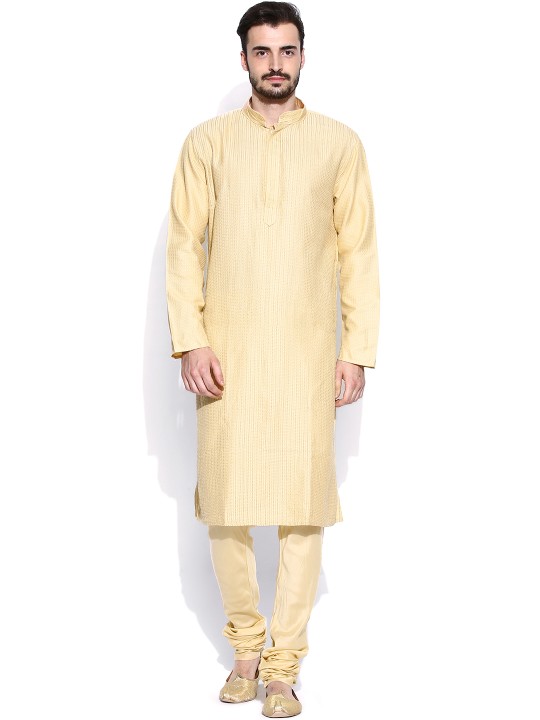 Men Beige Embroidered Kurta Churidar S