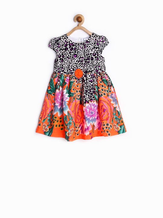 Girls Orange & White Printed Fit & Flare Dress 18-24M