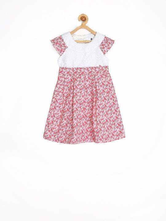 Girls White & Pink Floral Print Fit & Flare Dress 18-24M