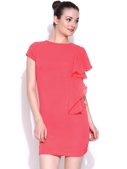 Coral Pink Sheath Dress with Ruffle Detail S