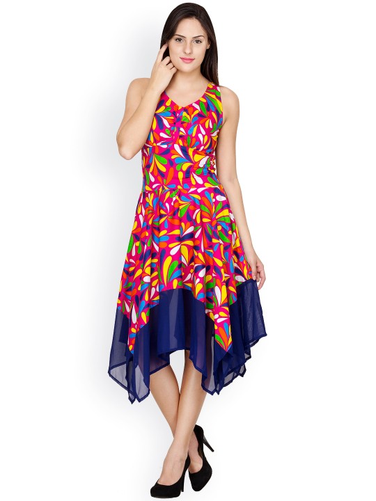 Pink & Blue Printed Fit & Flare Dress S