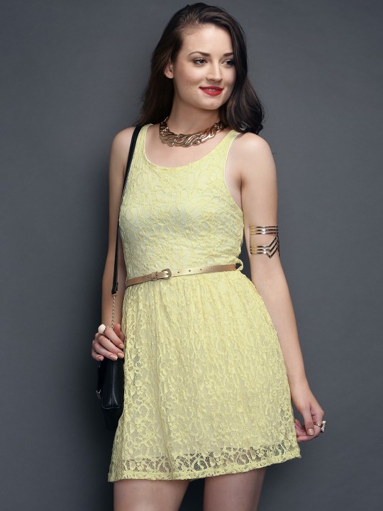Yellow Fit & Flare Lace Dress S