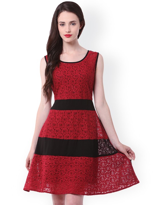 Red & Black Lace Fit & Flare Dress S