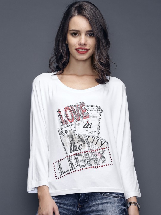 White Printed Embellished Top S