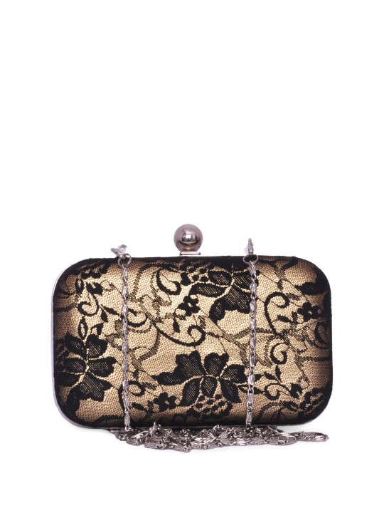Black & Gold Toned Printed Box Clutch