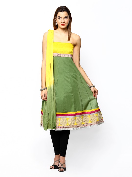 Green & Yellow Semi-Stitched Anarkali Dress Material