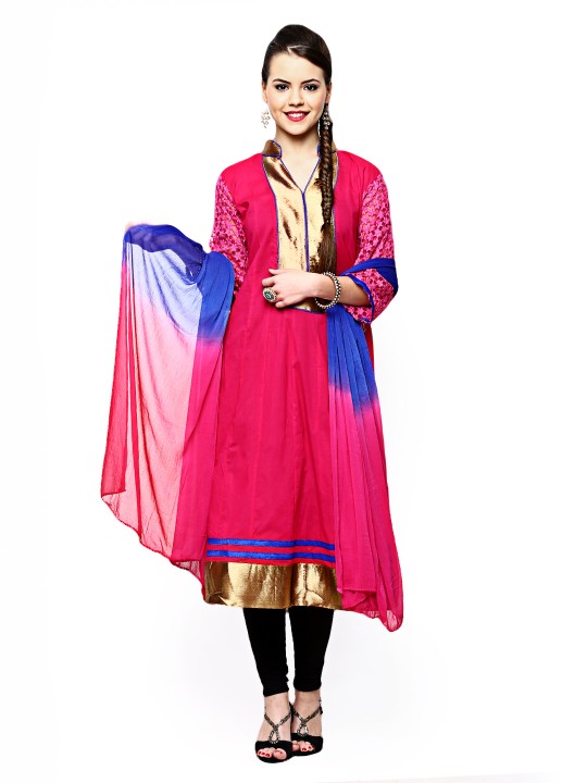 Pink & Blue Printed Semi-Stitched Dress Material
