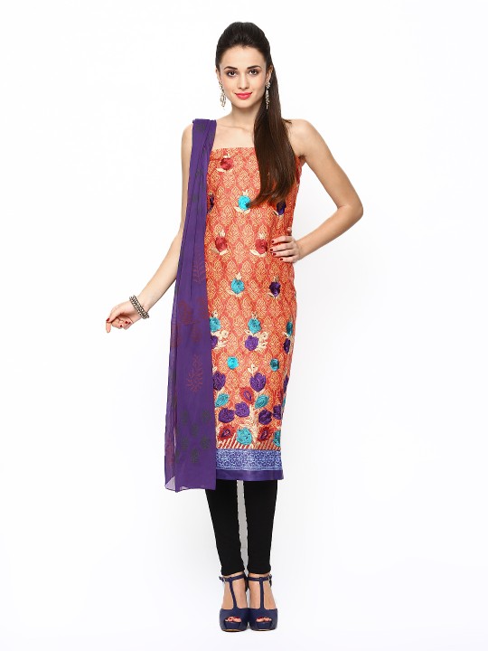 Orange & Blue Cotton Unstitched Dress Material