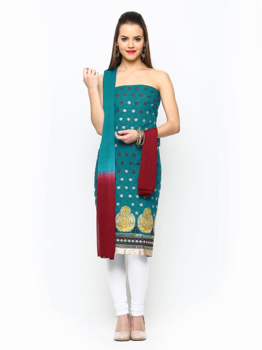 Teal Blue & Maroon Embroidered Unstitched Dress Material
