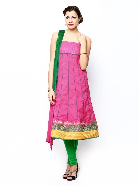 Pink & Green Embroidered Semi-Stitched Dress Material