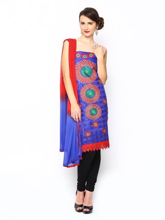 Blue & Red Embroidered Unstitched Dress Material