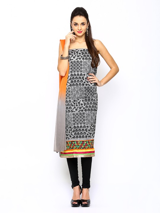 Grey & Orange Embroidered Unstitched Dress Material
