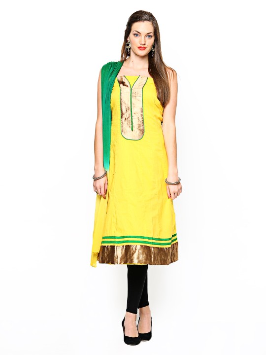 Yellow & Green Semi-Stitched Anarkali Dress Material