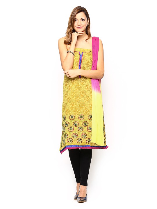 Yellow & Pink Printed Semi-Stitched Dress Material