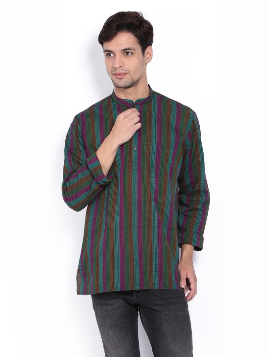 Green & Purple Striped Short Kurta S