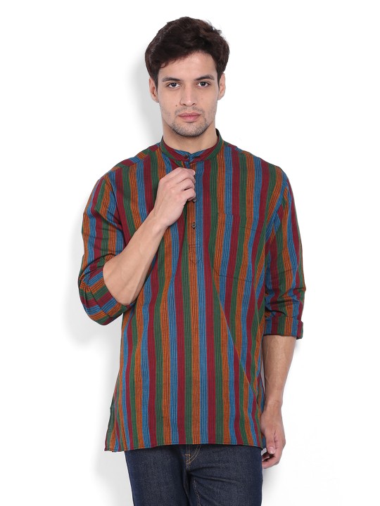 Men Multi-Coloured Striped Short Kurta S