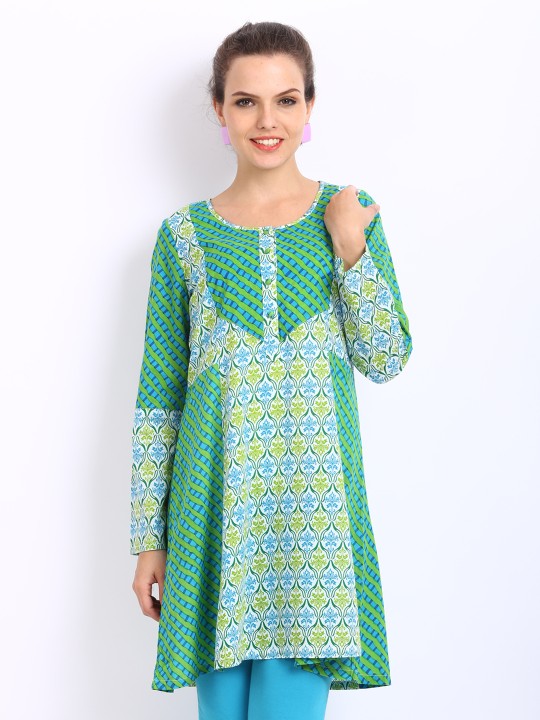 Women Green & Off-White Printed Kurta S