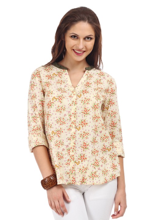 Women Cream Floral Print Shirt XS