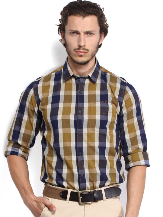Scapes by Men Mustard Yellow & Navy Checked Slim Fit Casual Shirt 38