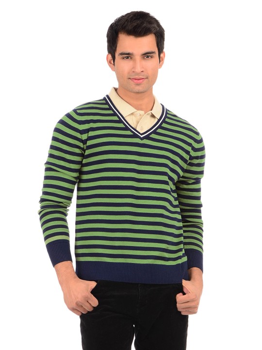 Men Fluorite Green and Blue Pitch Striper Sweater M