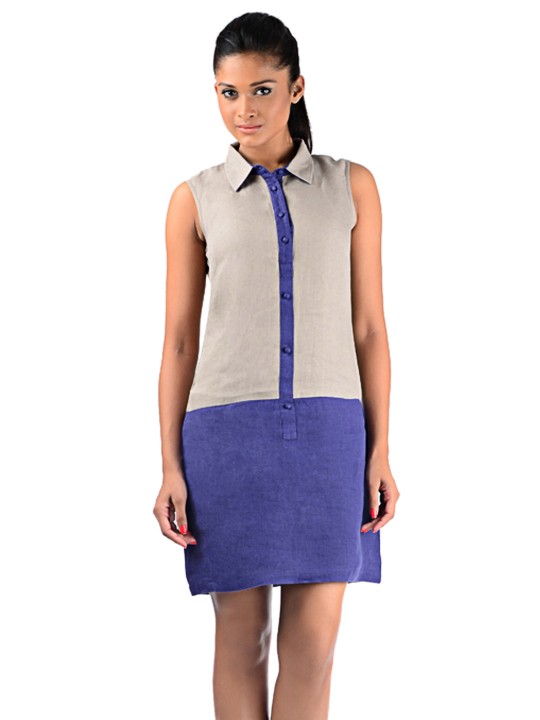 Indigo Linen Shift Dress S