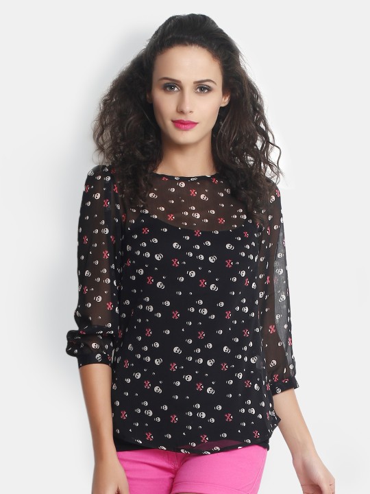 Women Black Skull Print Top XS