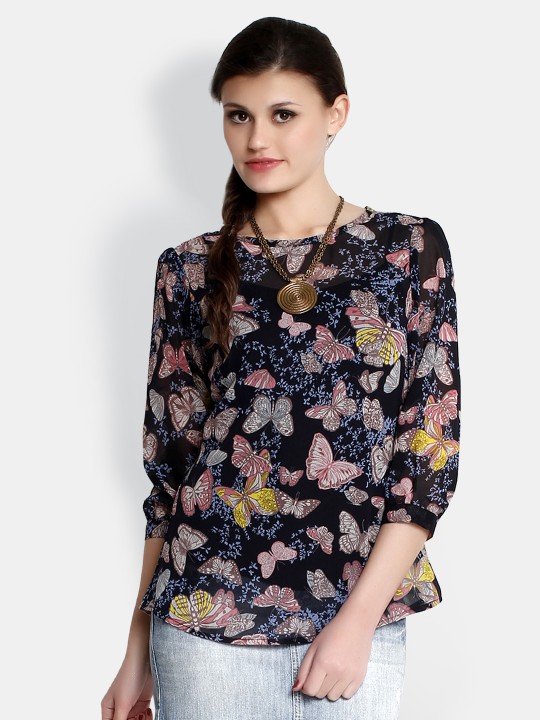 Women Black Butterfly Print Top XS
