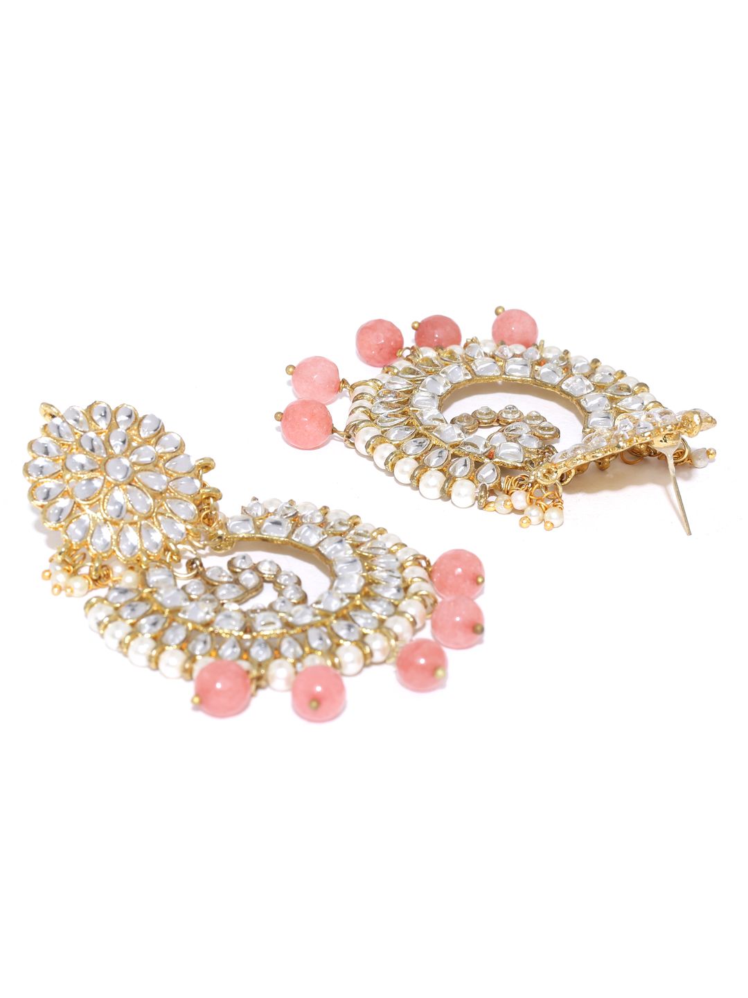 KARATCART Peach-Coloured & Off-White Gold-Plated Stone-Studded Crescent Shaped Chandbalis (Image - 2)