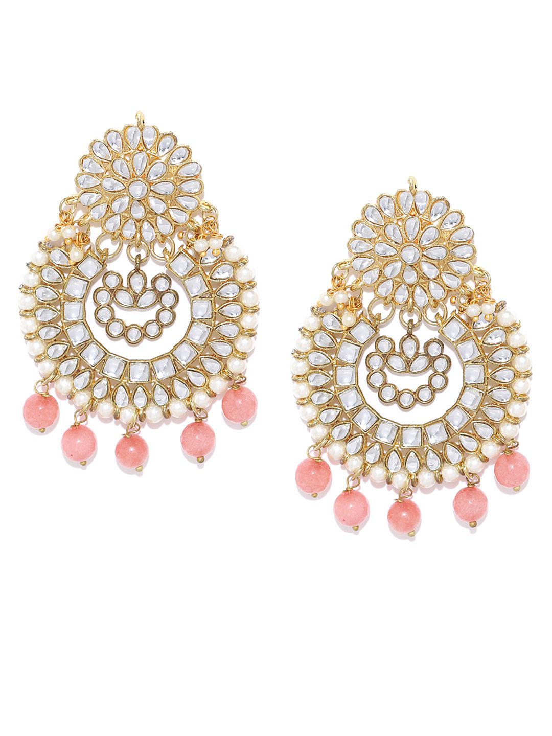 KARATCART Peach-Coloured & Off-White Gold-Plated Stone-Studded Crescent Shaped Chandbalis (Image - 1)
