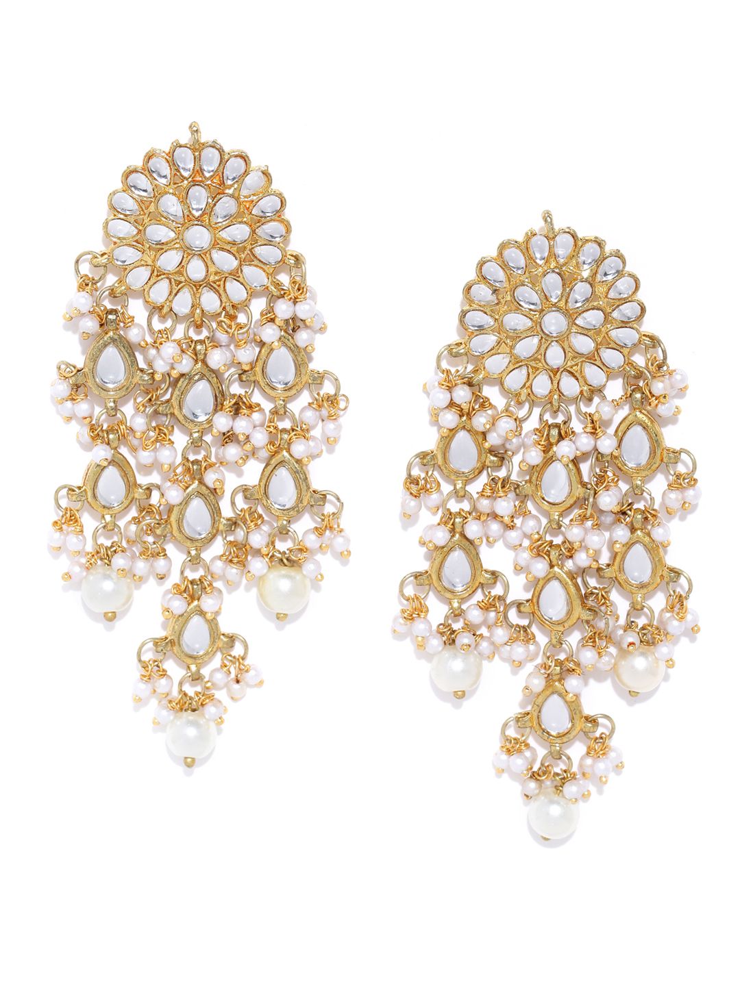 KARATCART Off-White Gold-Plated Stone-Studded Floral Drop Earrings (Image - 1)