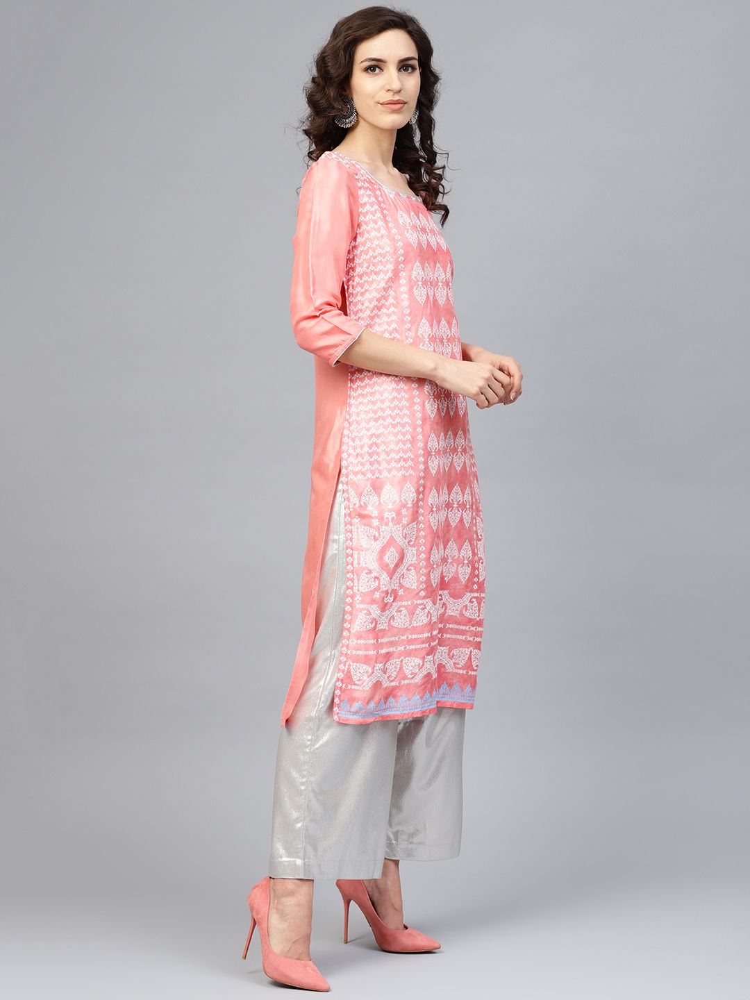 W Women Pink & White Printed Straight Kurta (Image - 3)
