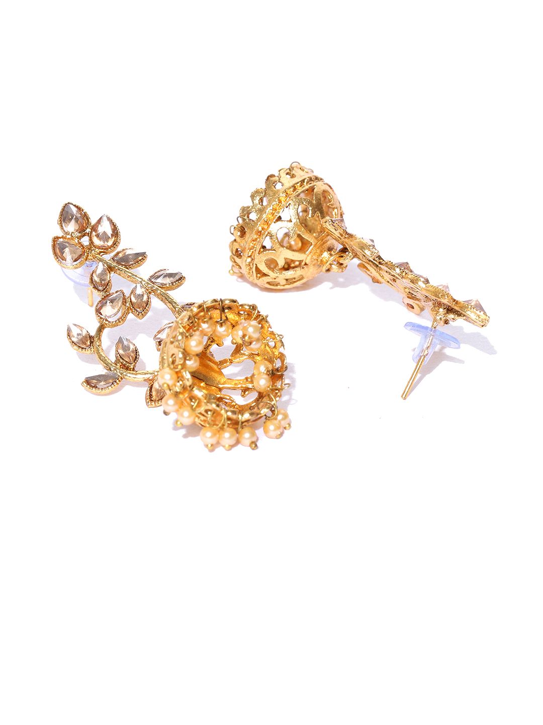 Priyaasi Gold-Plated Kundan Studded Leaf Shaped Drop Earrings (Image - 2)