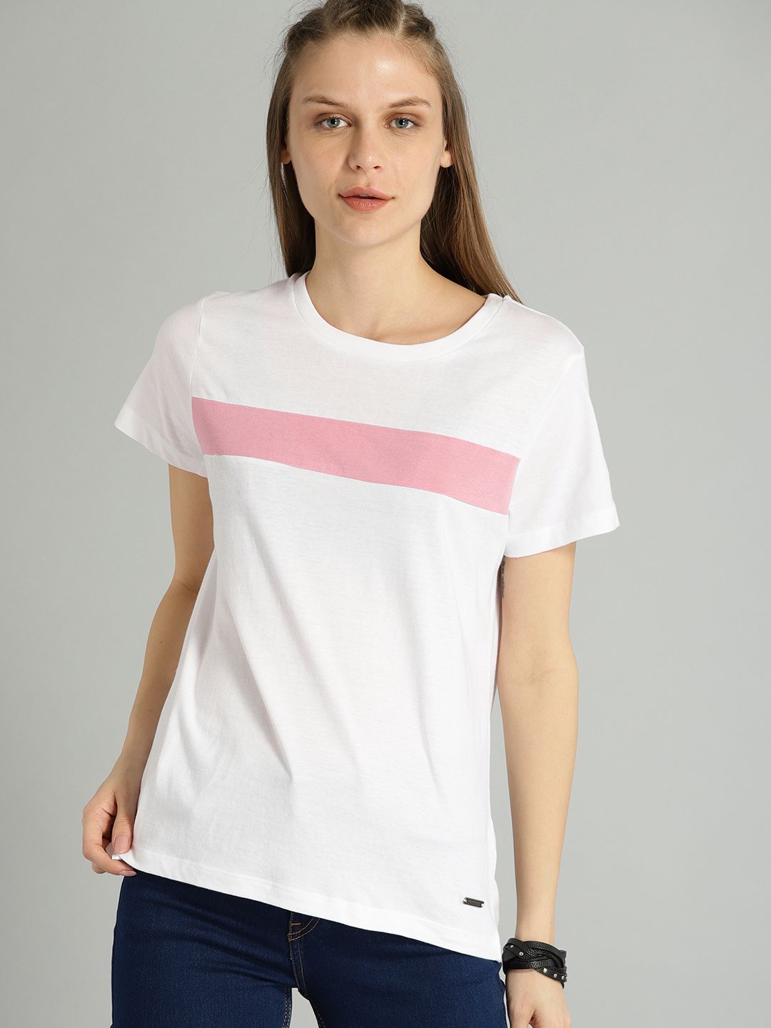 Roadster Women Pack of Two Pink & White Colourblocked Round Neck T-shirts (Image - 1)