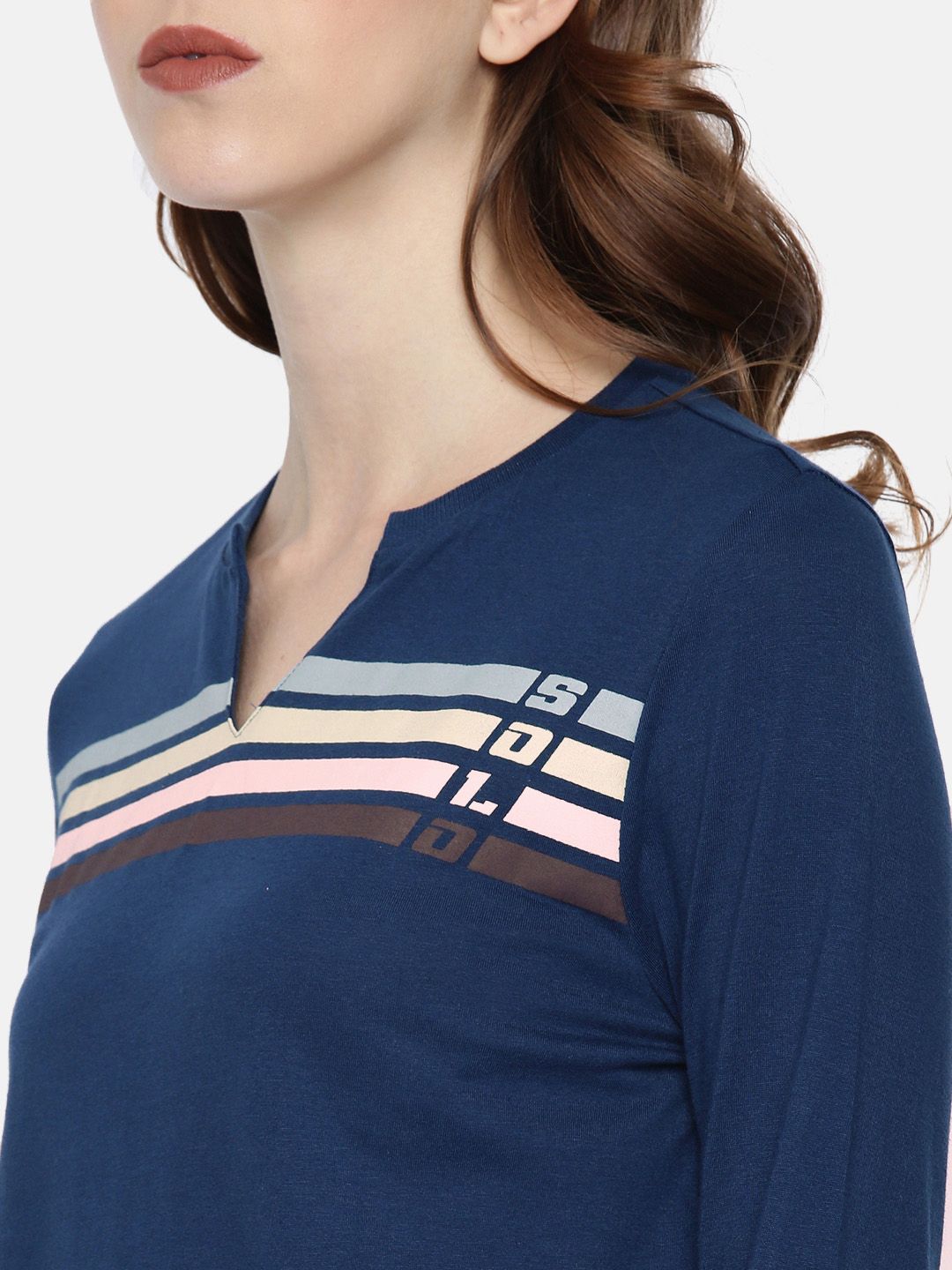 Roadster Women Navy Blue Striped Mandarin Collar T-shirt (Image - 1)