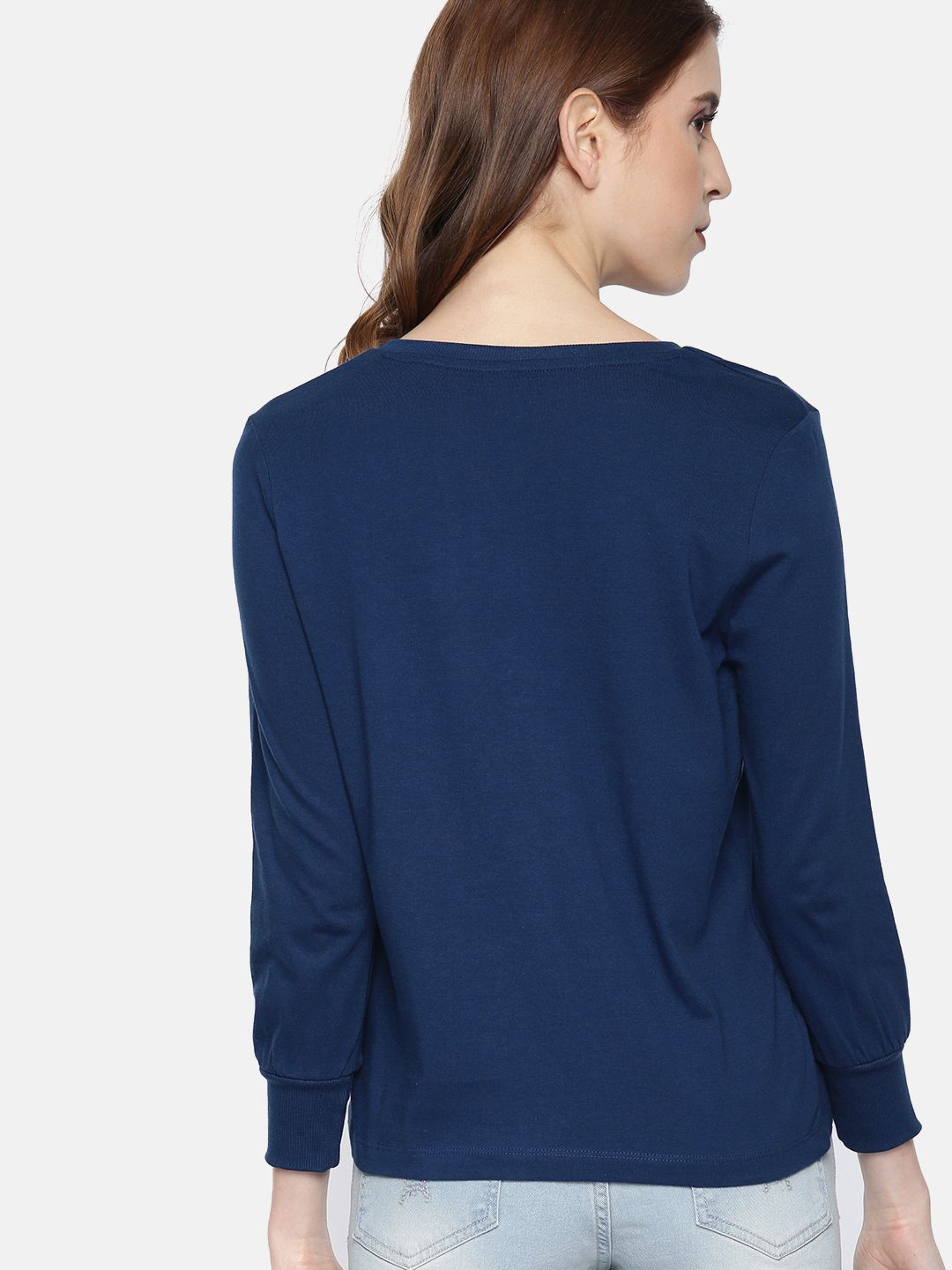 Roadster Women Navy Blue Striped Mandarin Collar T-shirt (Image - 3)
