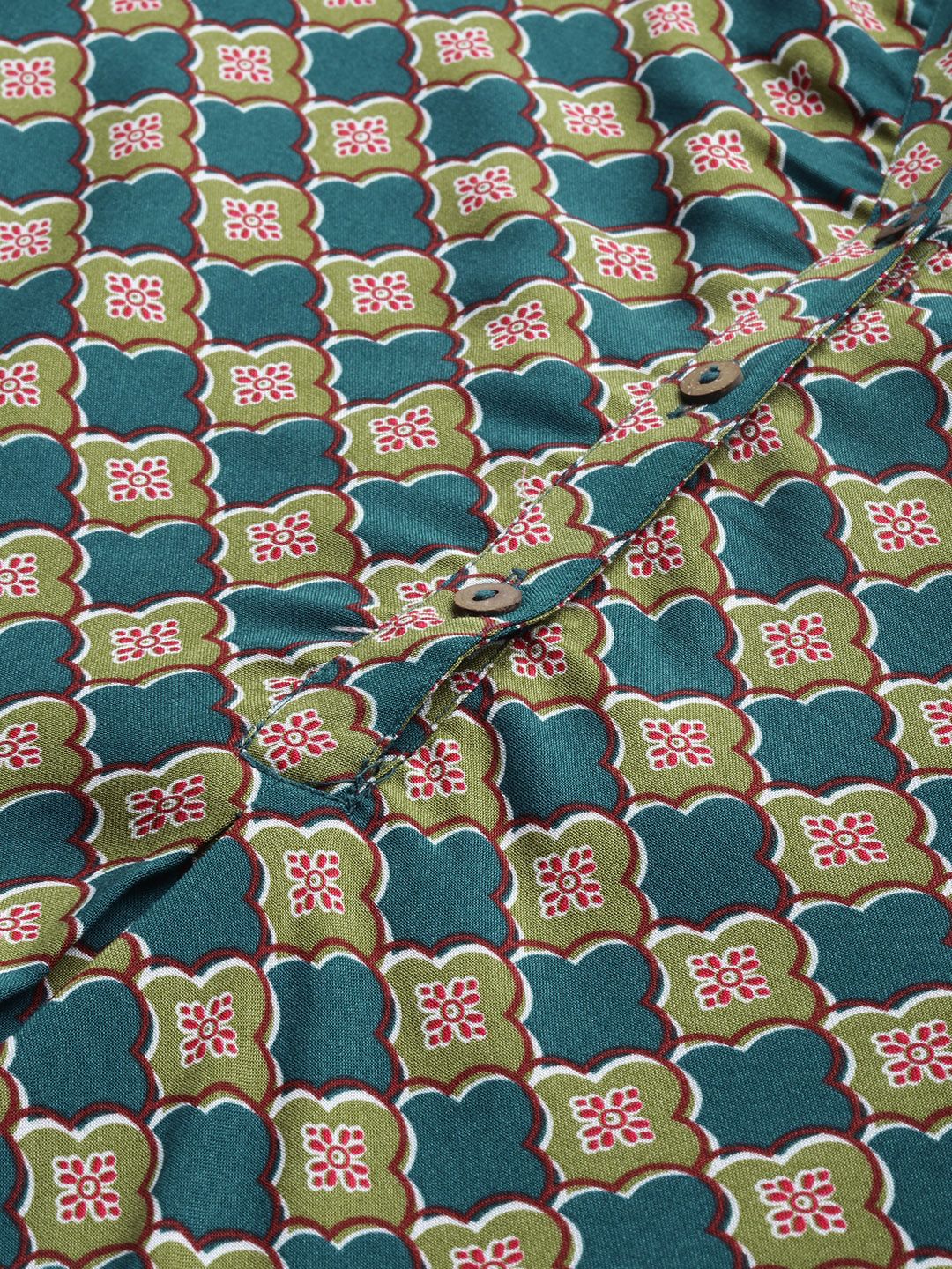 Global Desi Women Teal Green & Red Printed High-Low Tunic (Image - 1)