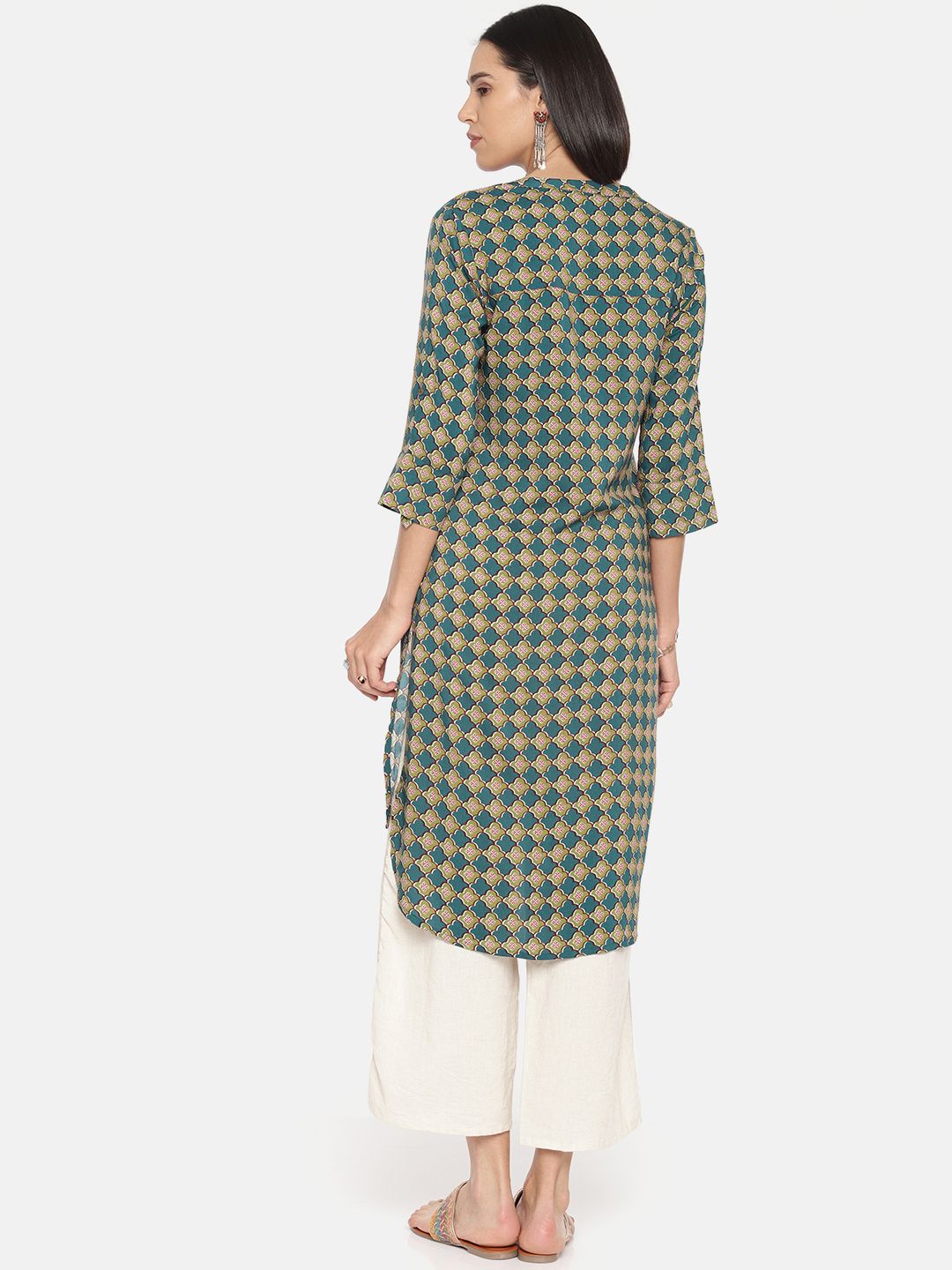 Global Desi Women Teal Green & Red Printed High-Low Tunic (Image - 3)