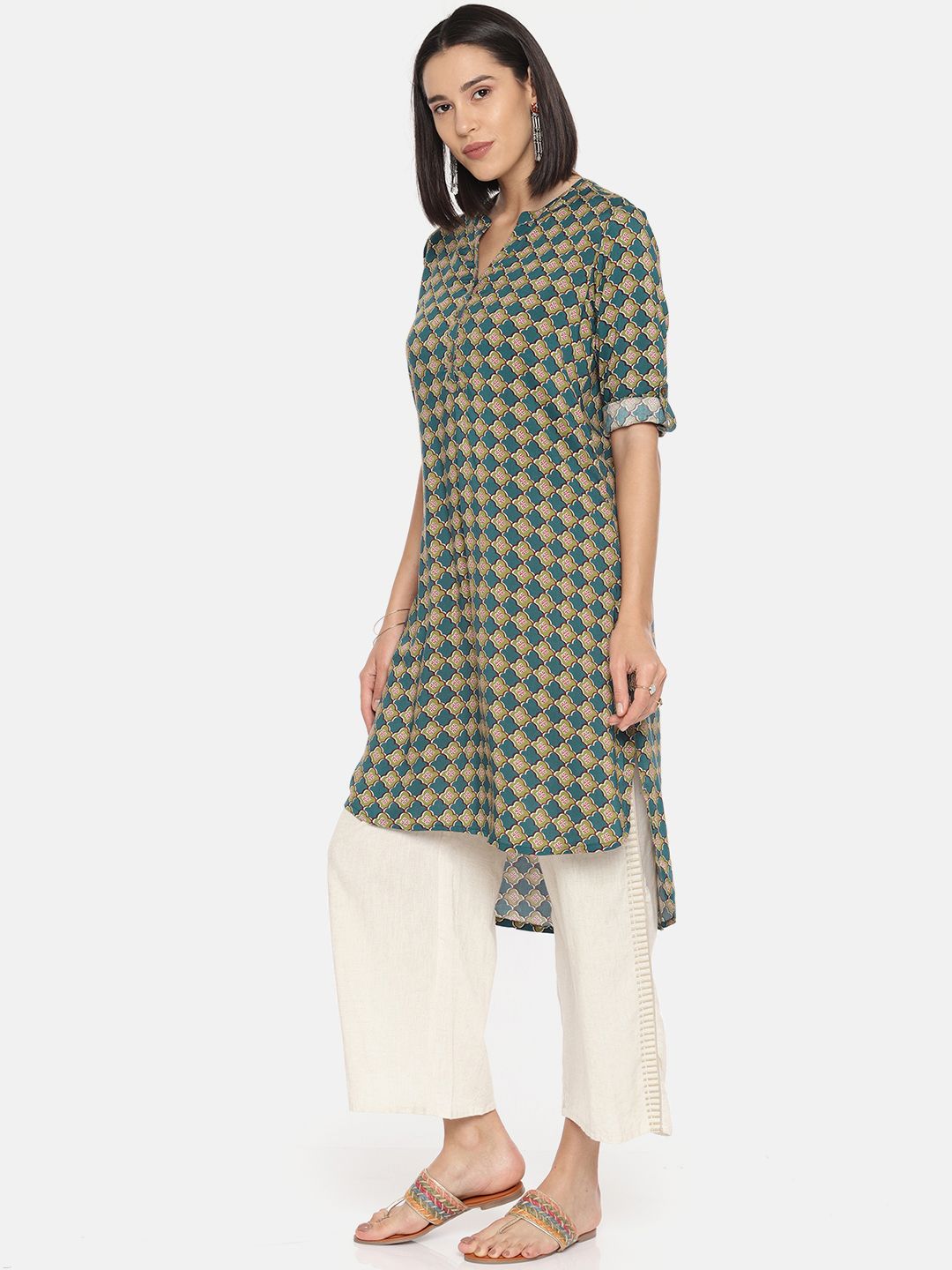 Global Desi Women Teal Green & Red Printed High-Low Tunic (Image - 2)