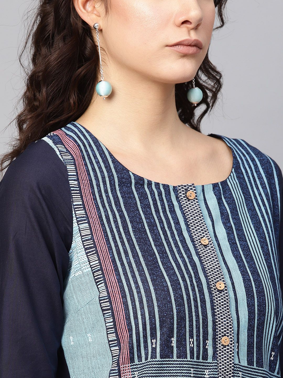 W Women Blue Printed Straight Kurta (Image - 1)