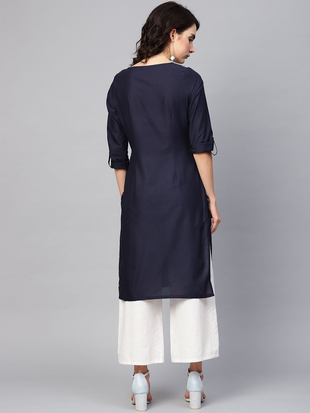 W Women Blue Printed Straight Kurta (Image - 3)
