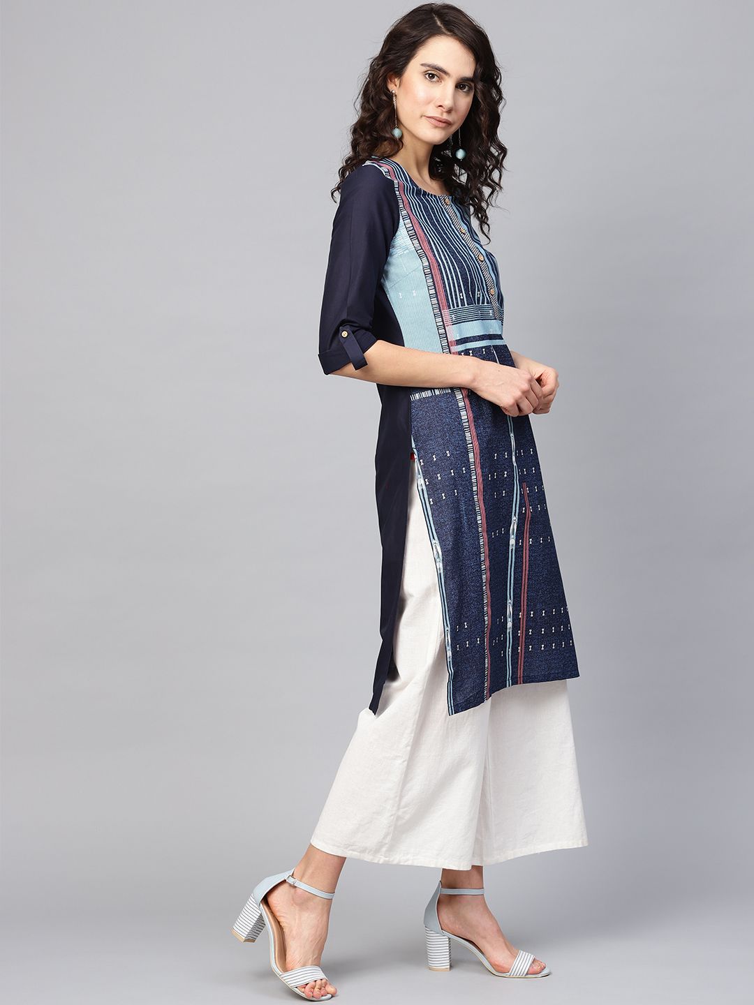 W Women Blue Printed Straight Kurta (Image - 2)