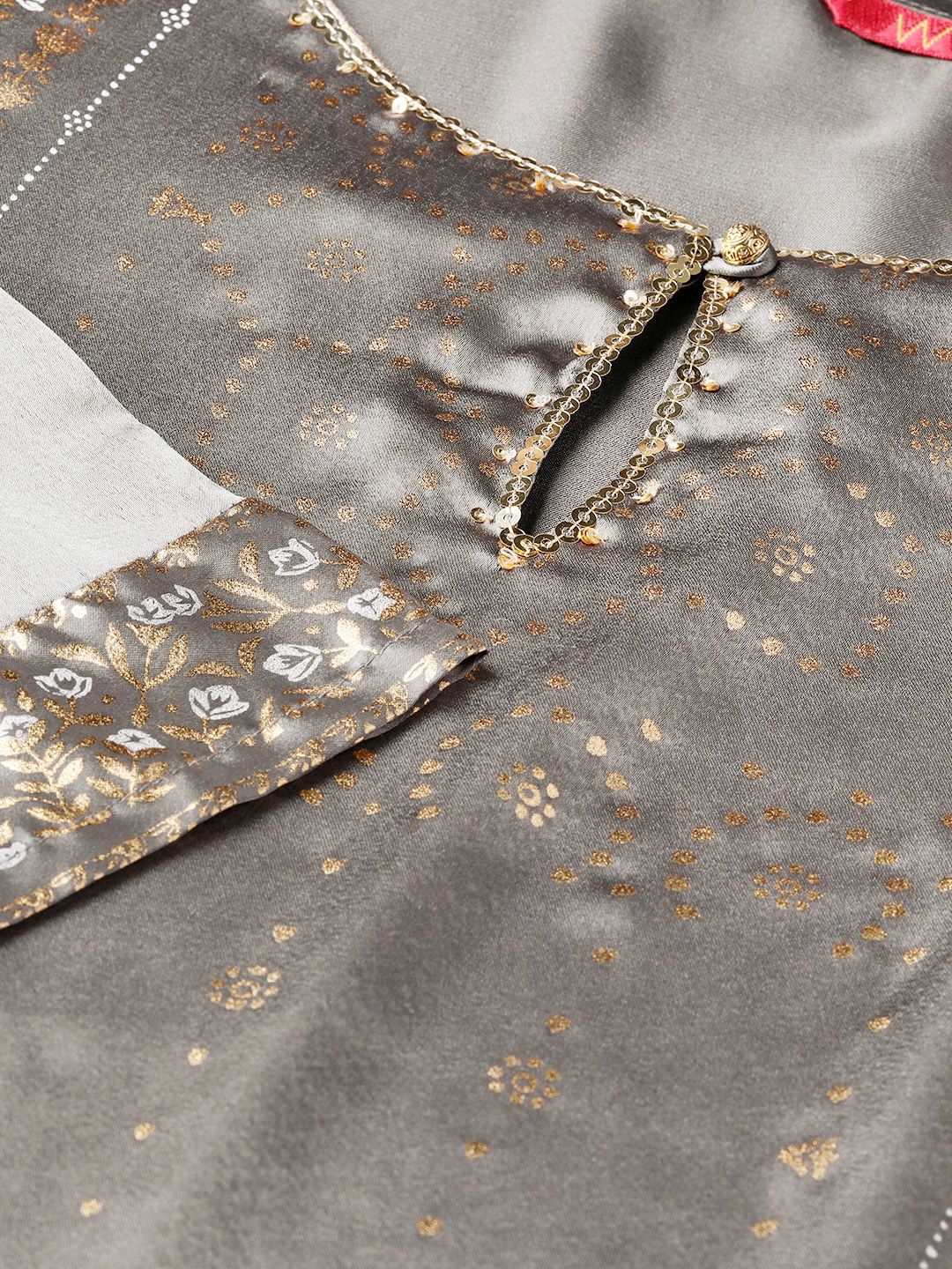 W Women Charcoal Grey & Golden Satin Finish Floral Print Straight Kurta (Image - 1)