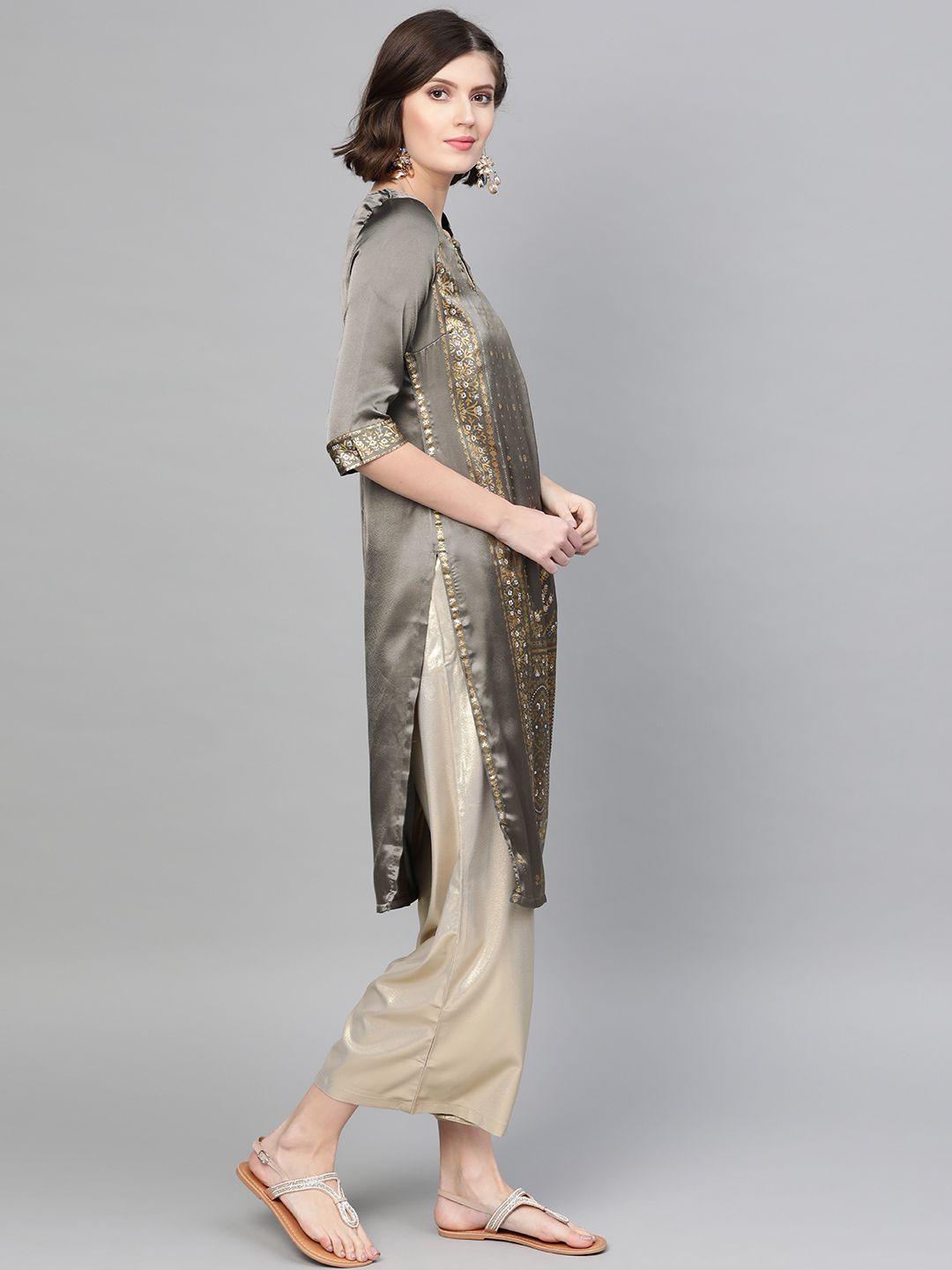 W Women Charcoal Grey & Golden Satin Finish Floral Print Straight Kurta (Image - 3)
