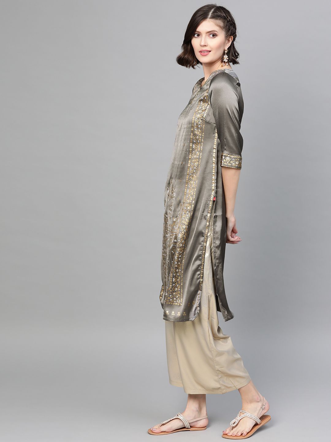 W Women Charcoal Grey & Golden Satin Finish Floral Print Straight Kurta (Image - 2)