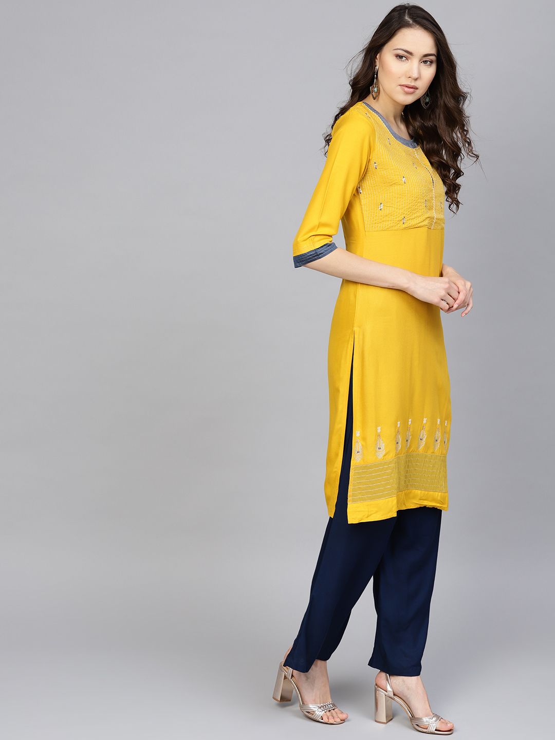 W Women Mustard Yellow Yoke Design Straight Kurta (Image - 2)